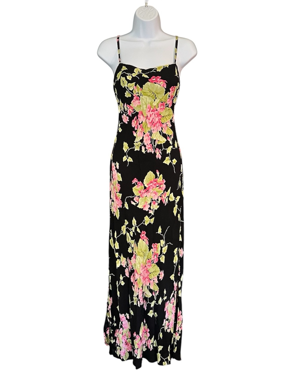 Vintage Betsey Johnson New York Pink Green Black Floral Beaded Maxi Slip Dress